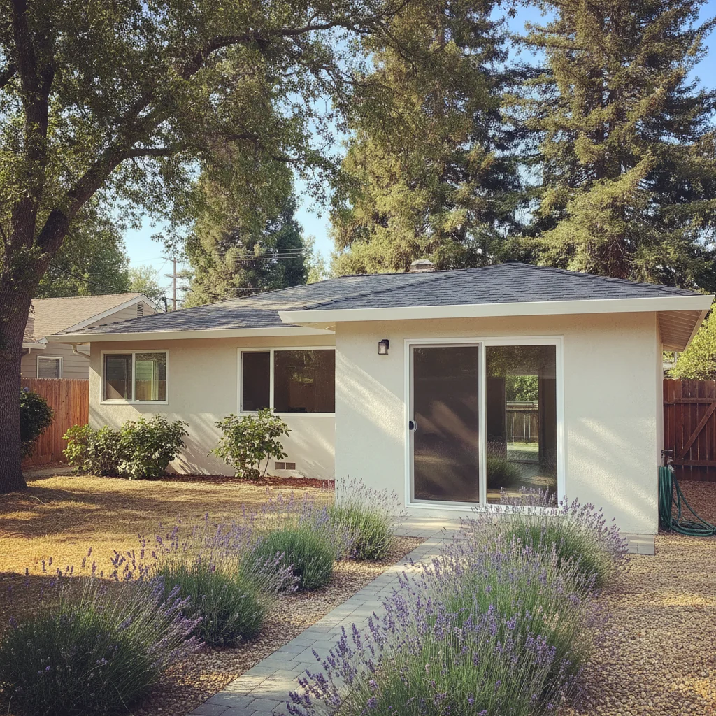 Finished backyard ADU exterior in Cupertino, CA